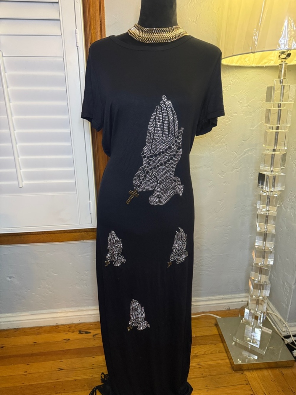 Black Rhinestone Praying Hands Maxi Dress